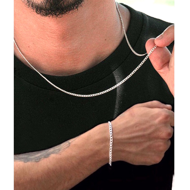 Conjunto De Collar Y Pulsera De Cadena Para Hombre Plata 925 2 Mm