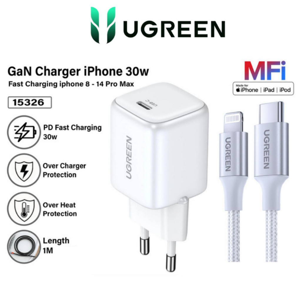 Ugreen Cargador iPhone GaN 30W Mini Tipo C A Lightning MFi Carga Rápida