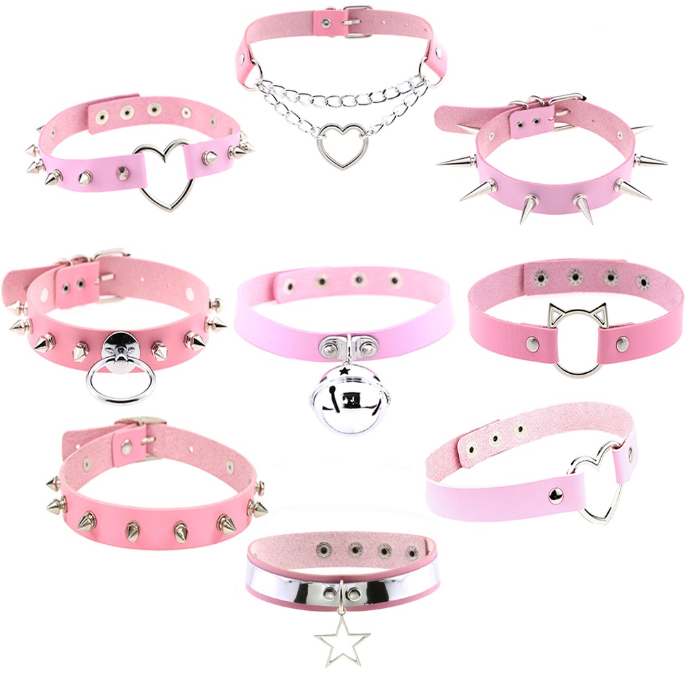 Collar Gargantilla De Cuero PU Rosa Pastel Goth Collares Para Mujeres