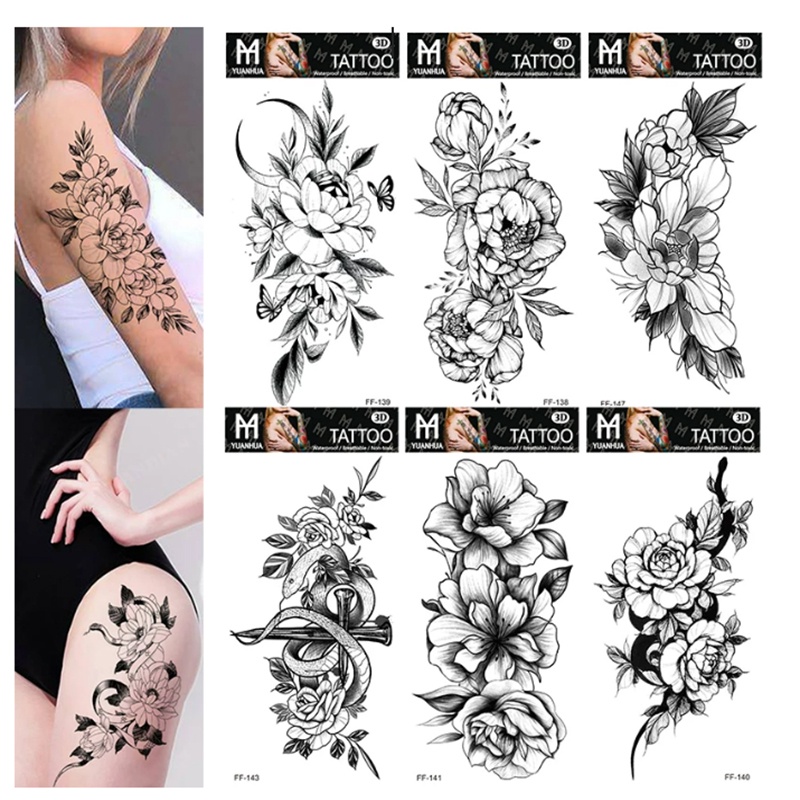 Sexy Negro Flor Tatuajes Temporales Para Las Mujeres Muslo Hombres