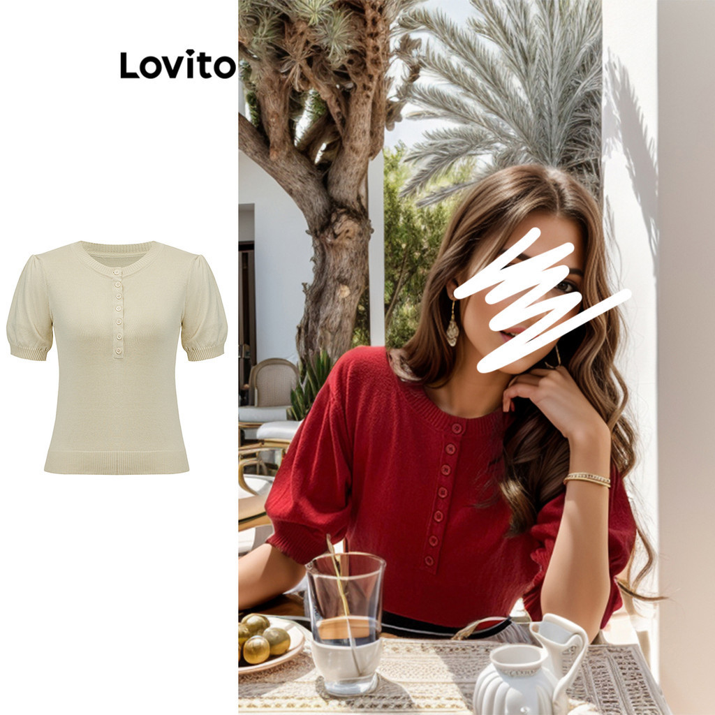 Lovito Elegante Blusa De Punto Con Manga Farol Y Botones Lisos En La