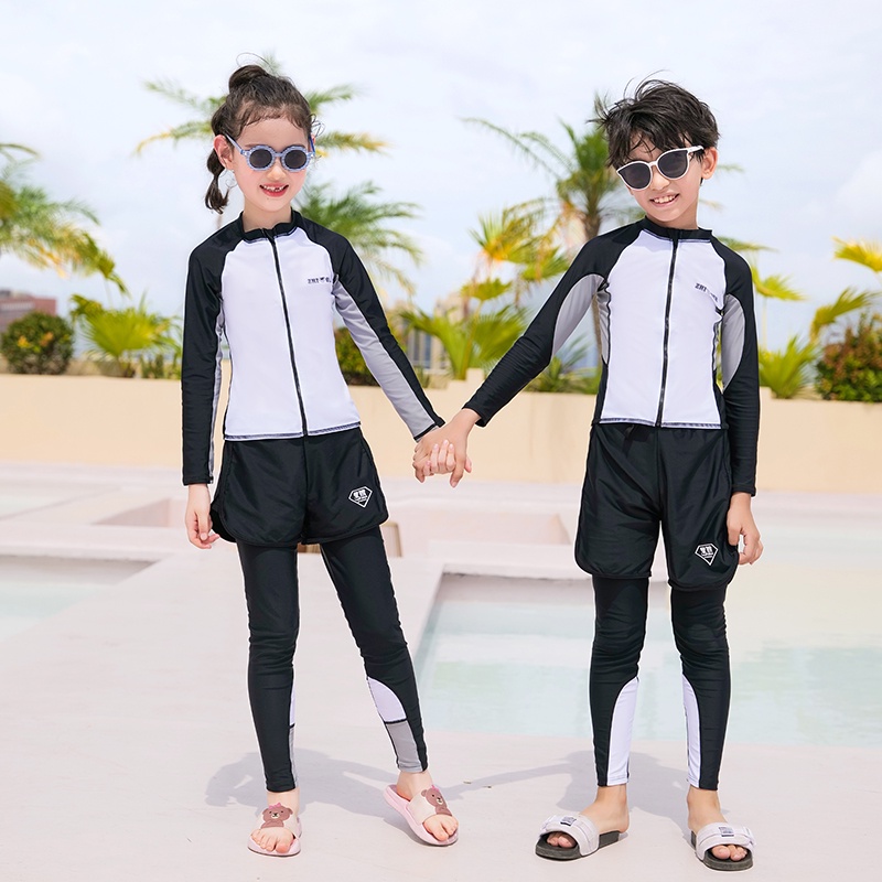 Traje De Baño Manga Larga Para Niña - Rash Guard Con Cremallera UPF 50+ - Estampado Negro Para Playa Y Piscina