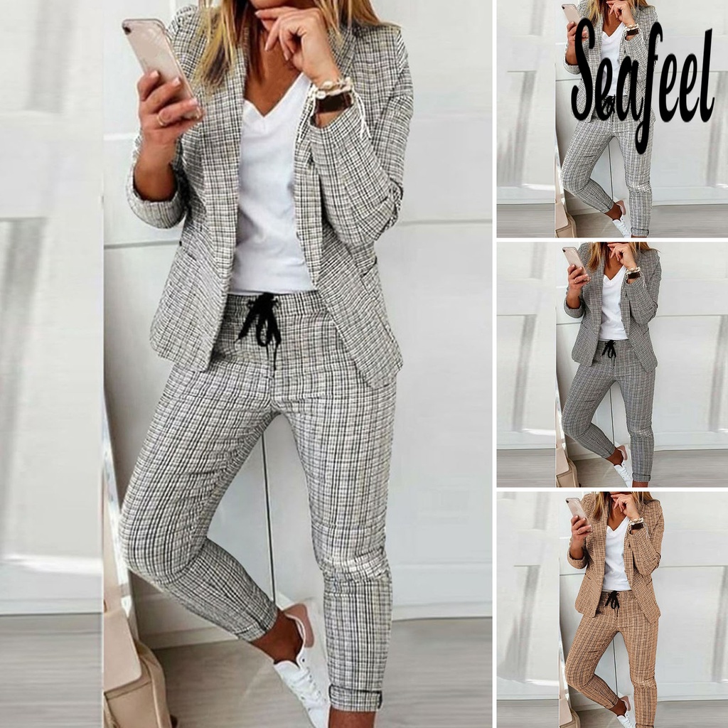 Seafeel) 2 Unids/Set Mujeres Blazer Pantalones Turn-down Cuello Cárdigan  Manga Larga Cintura Elástica Slim Fit Cordón Formal Longitud Tobillo  Impresión A Cuadros Chamarra Traje Para El Trabajo