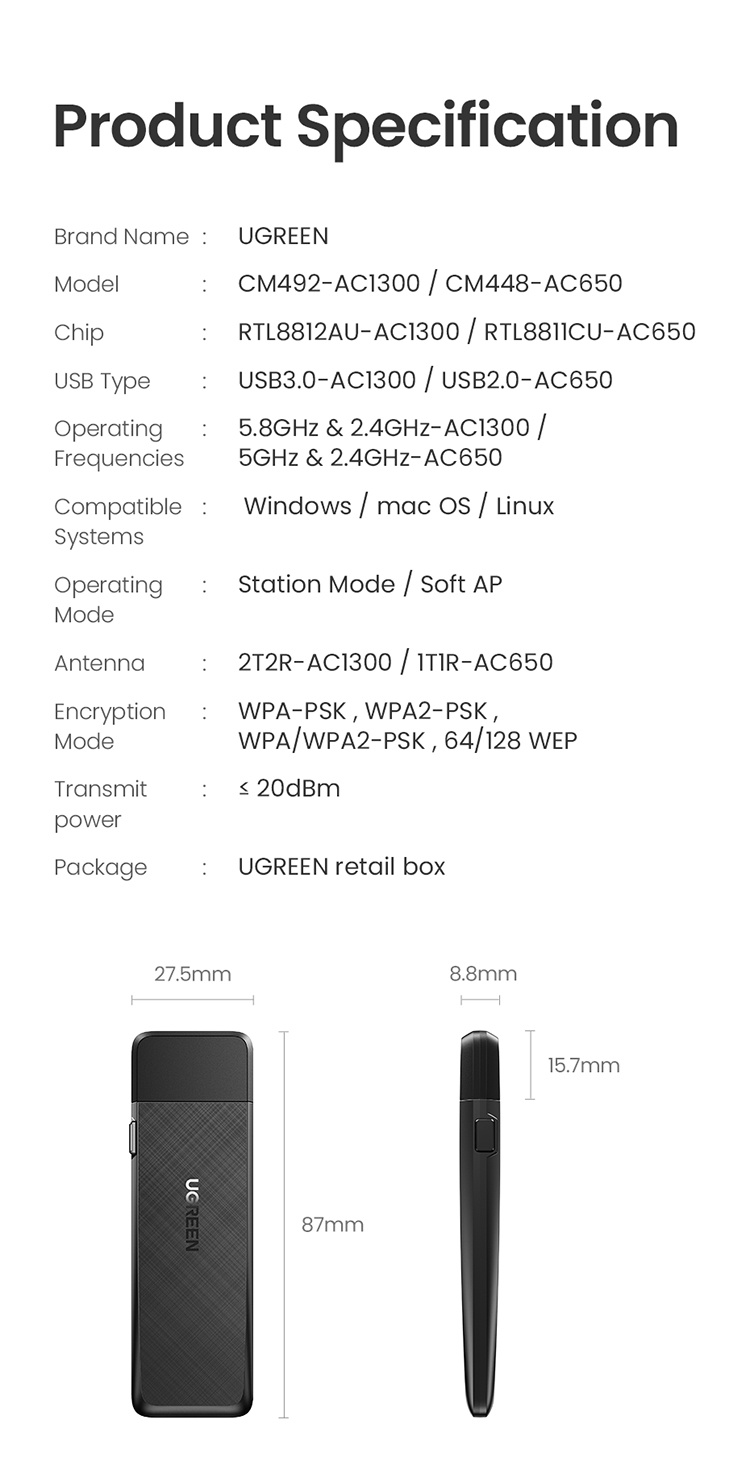 UGREEN AC1300 USB WiFi Adapter para PC Laptop Manual de instrucciones