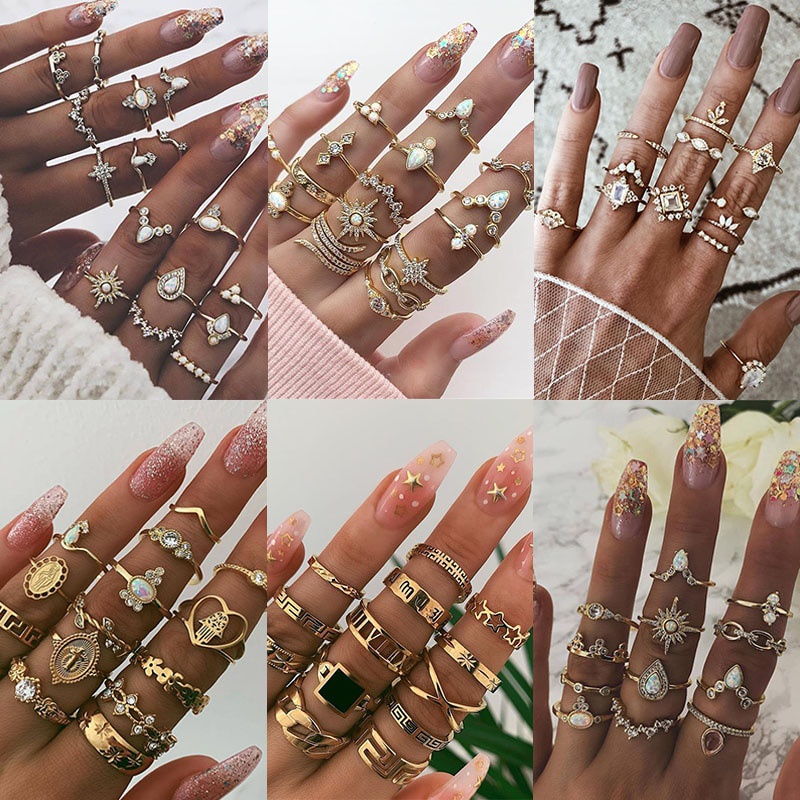 Vintage Knuckle Rings For Women Boho Crystal Star Crescent Geometric Female Finger Rings Anillos