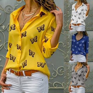 Blusa de manga larga con cuello de solapa y estampado de mariposas para  mujer, estilo vintage