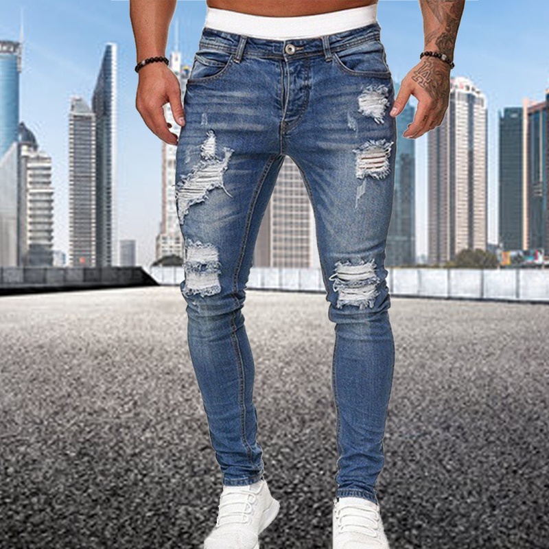 Hombre Estilo Urbano Rasgado Pantalones Vaqueros Flacos Vintage jeans Lavado Liso Flaco Y casual Gran Oferta