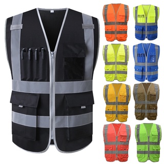 Chaleco de seguridad reflectante para hombre con 8 bolsillos y cremallera,  chaleco de trabajo de malla de seguridad de alta visibilidad, color negro