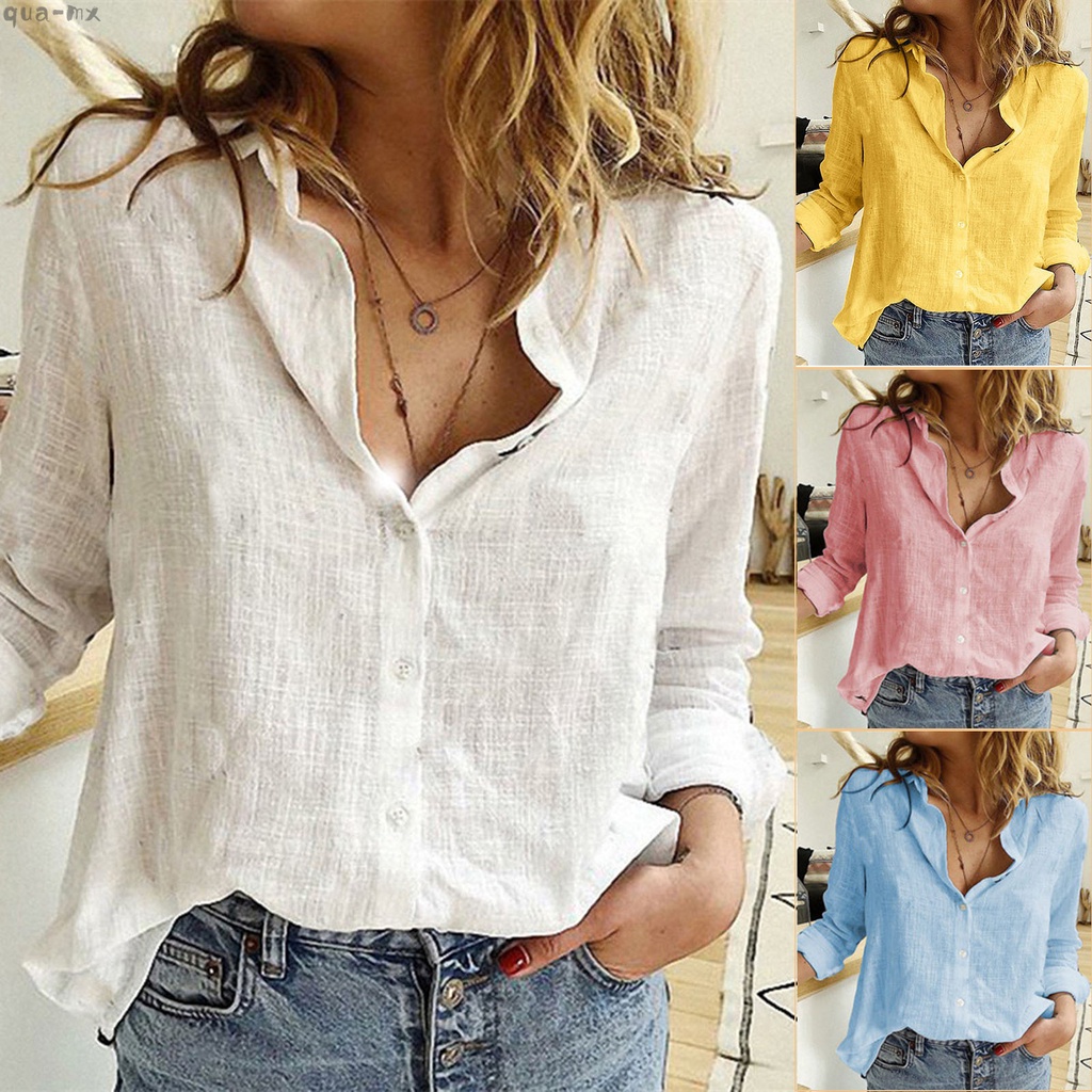  Camisa de lino con botones para mujer, camisas de verano con  solapa, manga corta, blusa casual de color sólido, Blanco : Deportes y  Actividades al Aire Libre