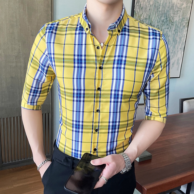 Camisas Casuales Camisa De Cuadros Amarilla Hombre Camisa De Manga