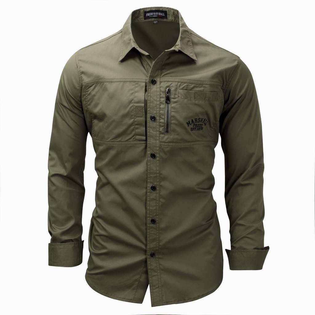 Fredd Marshall 2020 Moda Militar Camisa De Manga Larga Multi Bolsillo Camisas Casuales Marca Ropa Ejercito Verde Lisa Hombre Color Solido 100 Algodon 116 Shopee Mexico