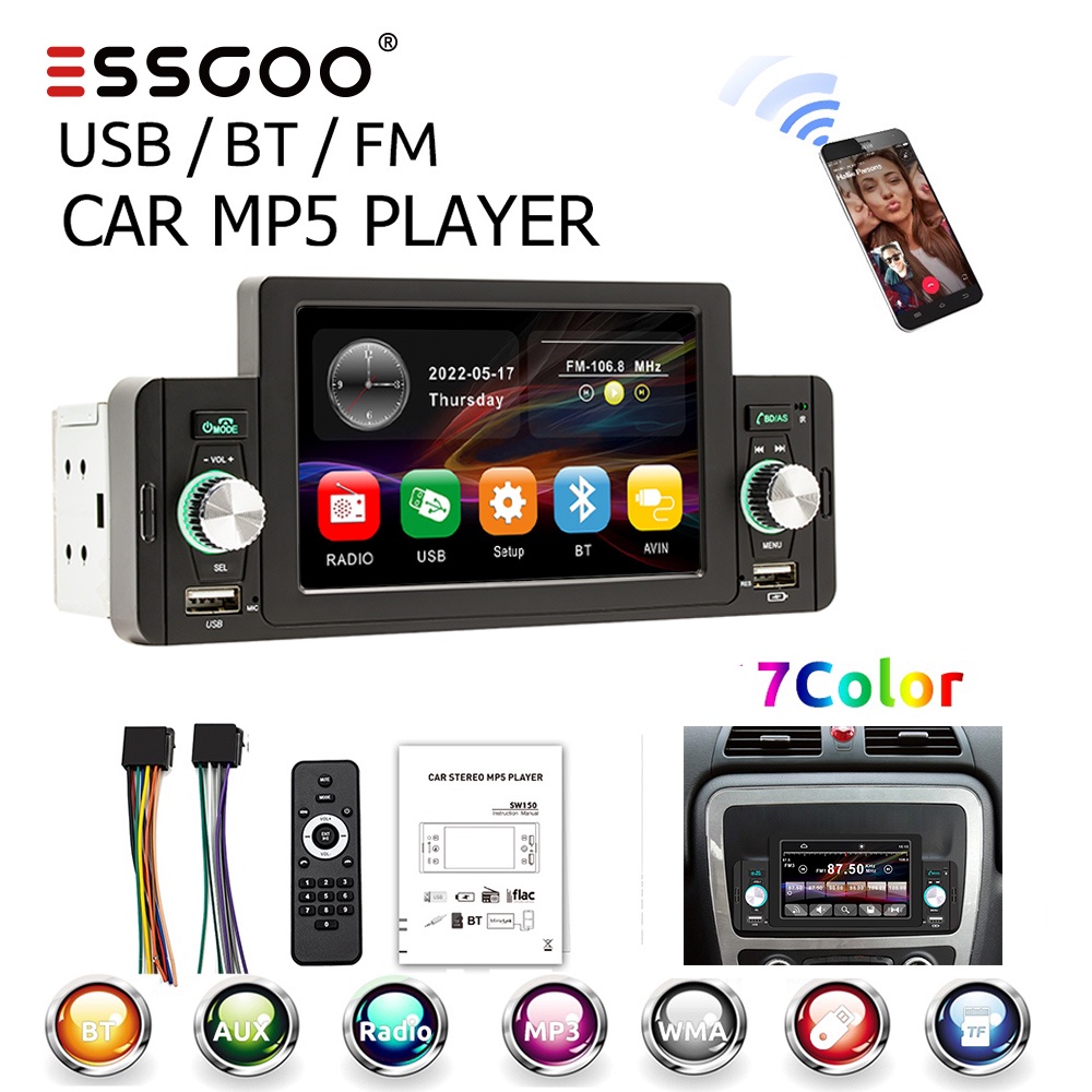 ESSGOO 5 HD Reproductor MP5 Single 1 Din Auto Radio De Coche Estéreo IPS Pantalla  Táctil Mirrorlink USB/Bluetooth FM