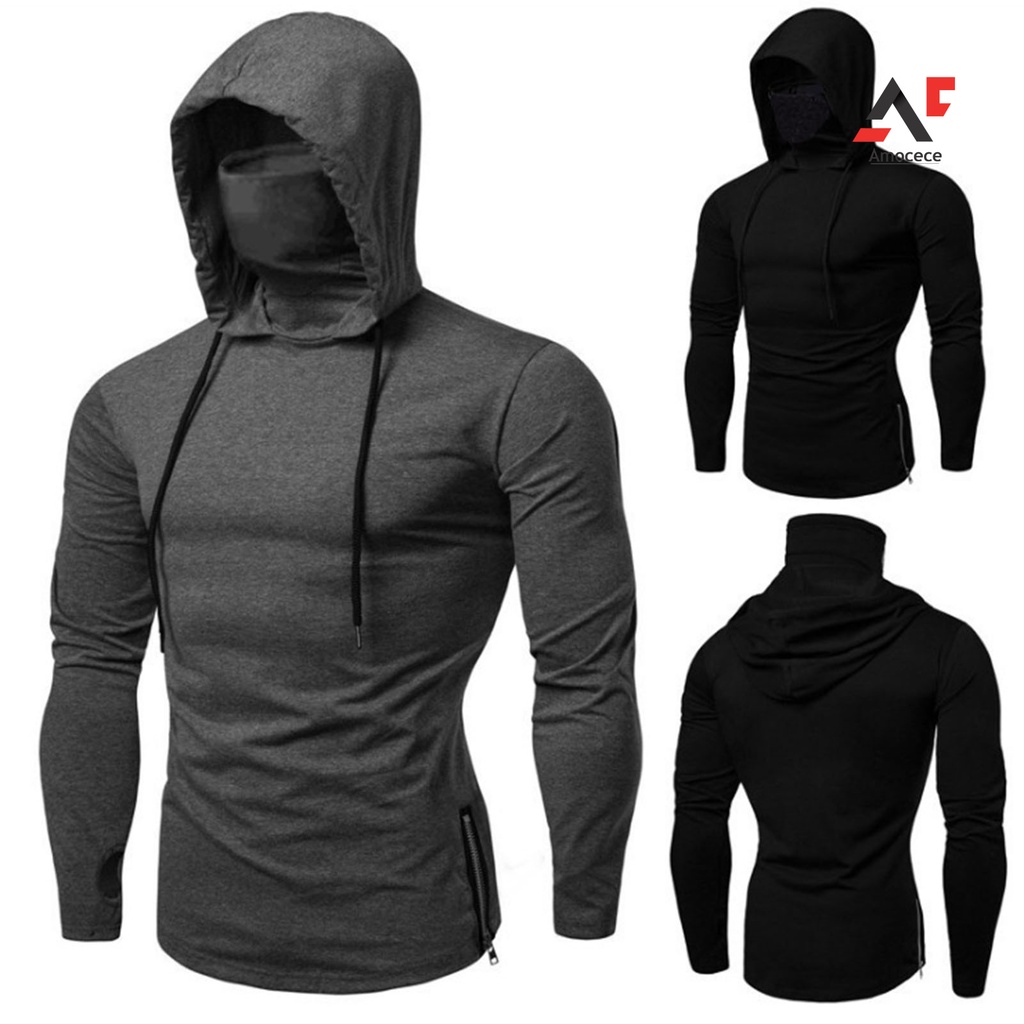 Amocece Men Autumn Casual Gym Thin Long Sleeve Hoodie Face Cover Solid Color Sweatshirt