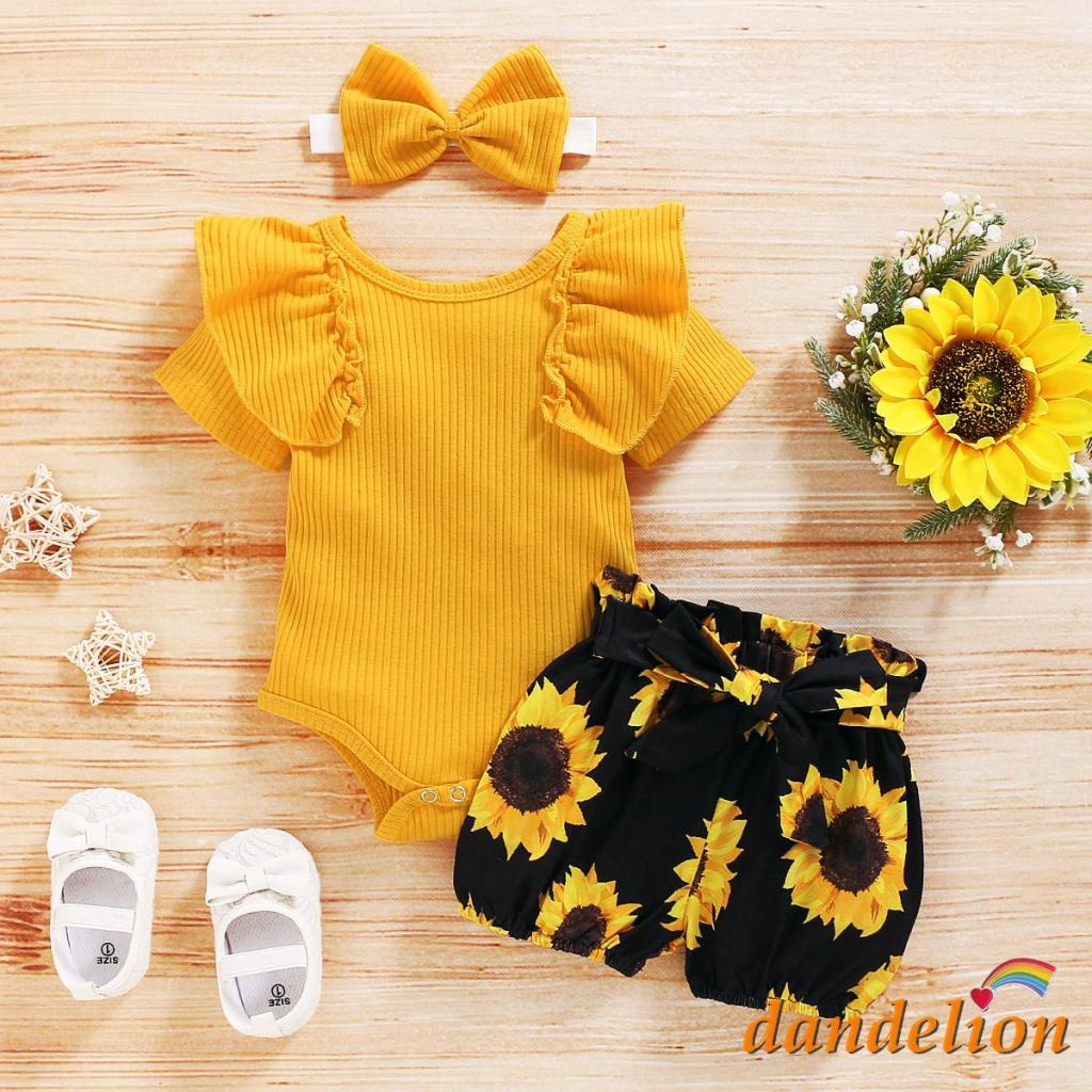 Conjunto para verano con blusa corta de manga corta con girasol, jeans, y  diadema para niña