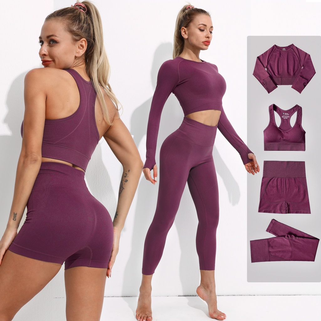 Conjunto De Yoga Sin Costuras Para Mujeres , Ropa Deportiva , Gimnasio ,  Fitness , Manga Larga , Crop Top , Leggings De Cintura Alta