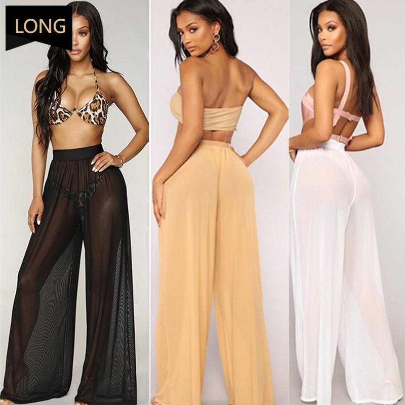 popular mujer ver a través de malla pura bikini cubrir trajes de baño  transparente ancho pierna alta cintura pantalones sueltos malla transparente  pantalones largos pantalones