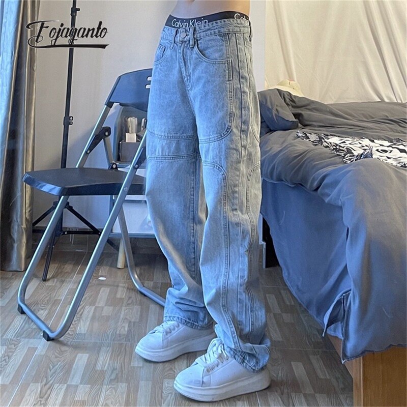 Streetwear Holgado Jeans Hombres Moda Coreana Suelta Recta Pierna Ancha  Pantalones Hombre Marca Ropa Negro Azul Claro