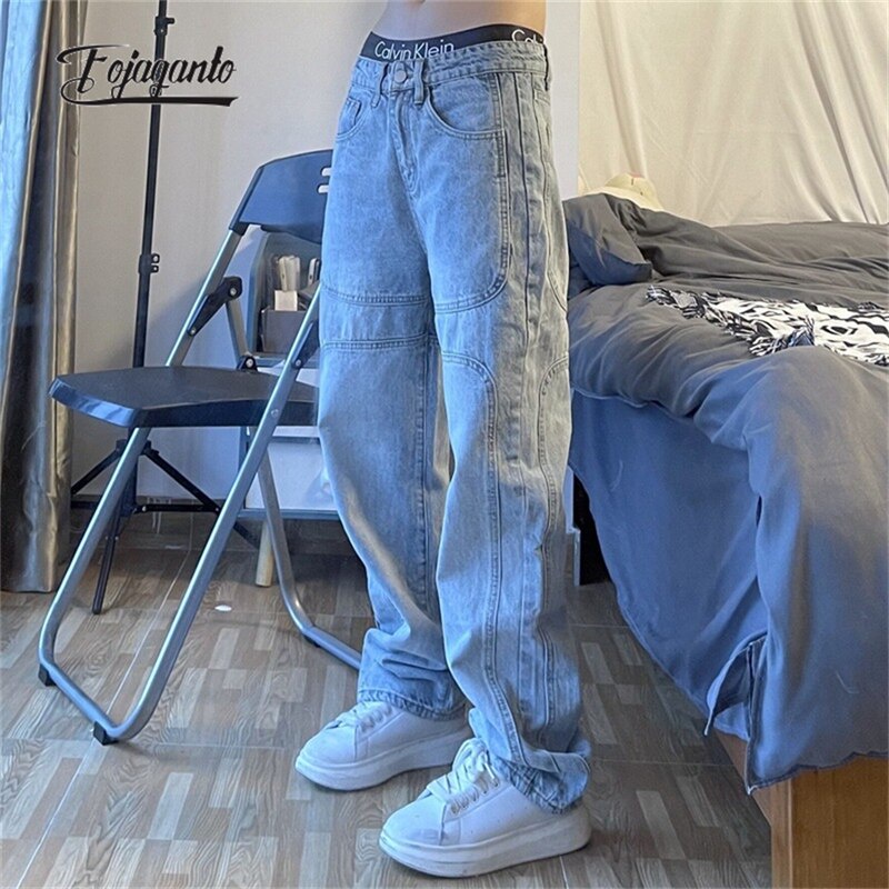 Alta Calle Agujero Flecos Bordado Jeans Pantalones Para Hombre