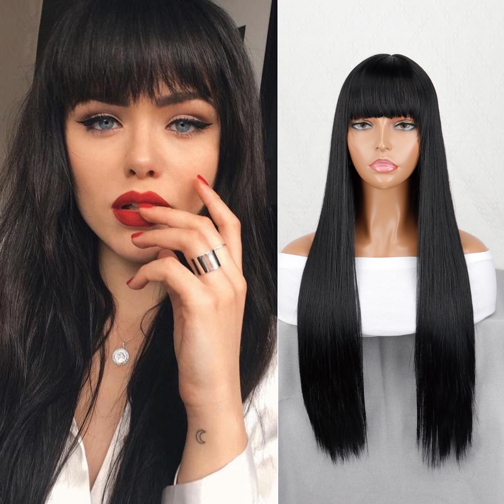 Smiffys Peluca Babelicious Negra Larga Y Lisa Con Flequillo, Accesorio Para Disfraz Adulto