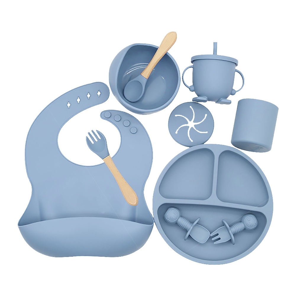 Juego de alimentación de silicona para bebés, 11 piezas, vajilla infantil  con plato para bebé, cucharas, tenedor, pajilla, tazas para beber, platos