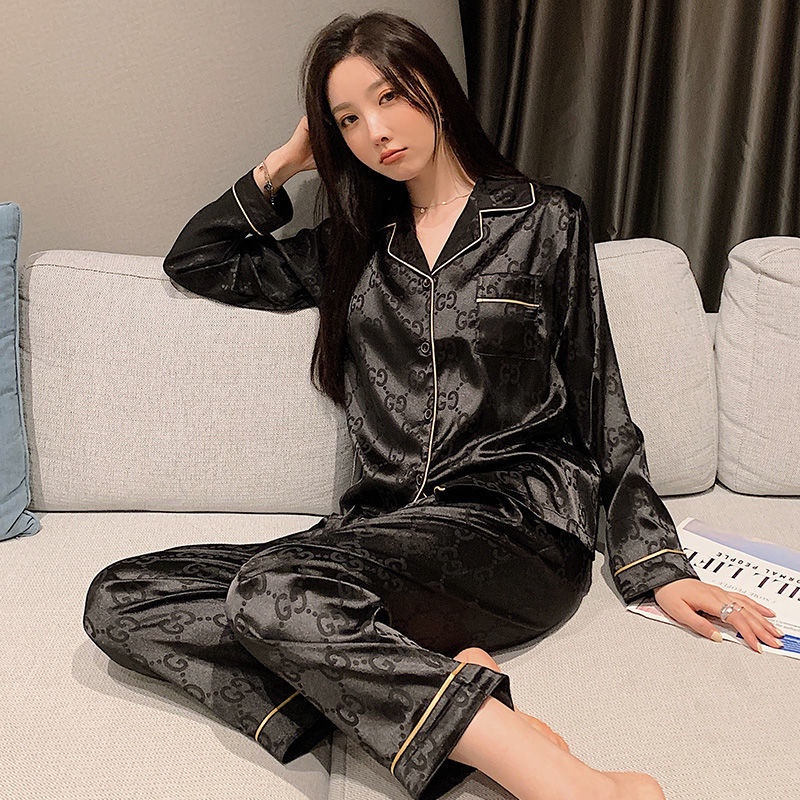 Pijamas De Seda De Hielo Conjuntos De Dos Piezas Gucci Rayas Verticales De Manga Larga Talla Grande Shopee México