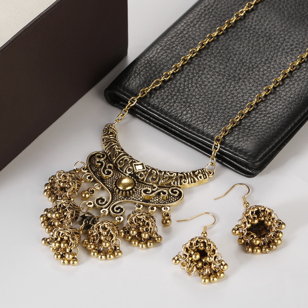  Conjunto de aretes y collar - Conjunto de joyas indias retro de  lujo, pendientes/collar, perchas de joyería de boda étnicos Jhumka aretes,  (HXE489-2A) : Ropa, Zapatos y Joyería