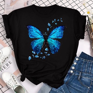 Nueva Moda Mujer Camiseta Azul Mariposa Y Hojas Impresión Manga Corta Suelta Talla Grande Cuello Redondo Blusa Verano Ropa Blanca Y Negra | Shopee México