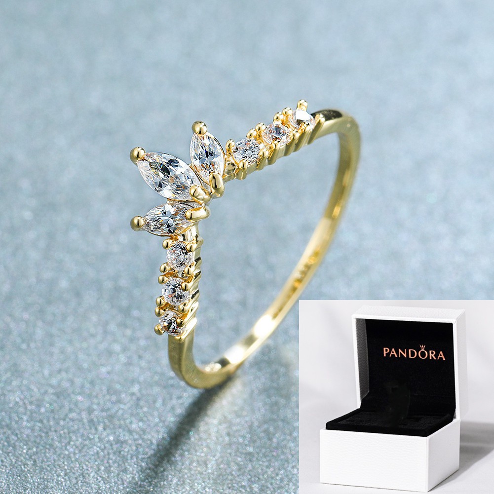 Anillo Pandora Con Caja Promesa Nupcial Boda 14K Oro AAA Circ n De