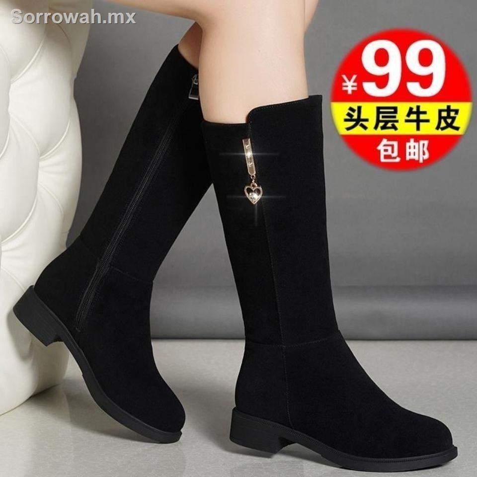 Novedad de invierno 2021! Botas medias de tacón grueso de cuero para mujer, botas de nieve planas de tubo largo y cálidas de algodón de terciopelo | Shopee México