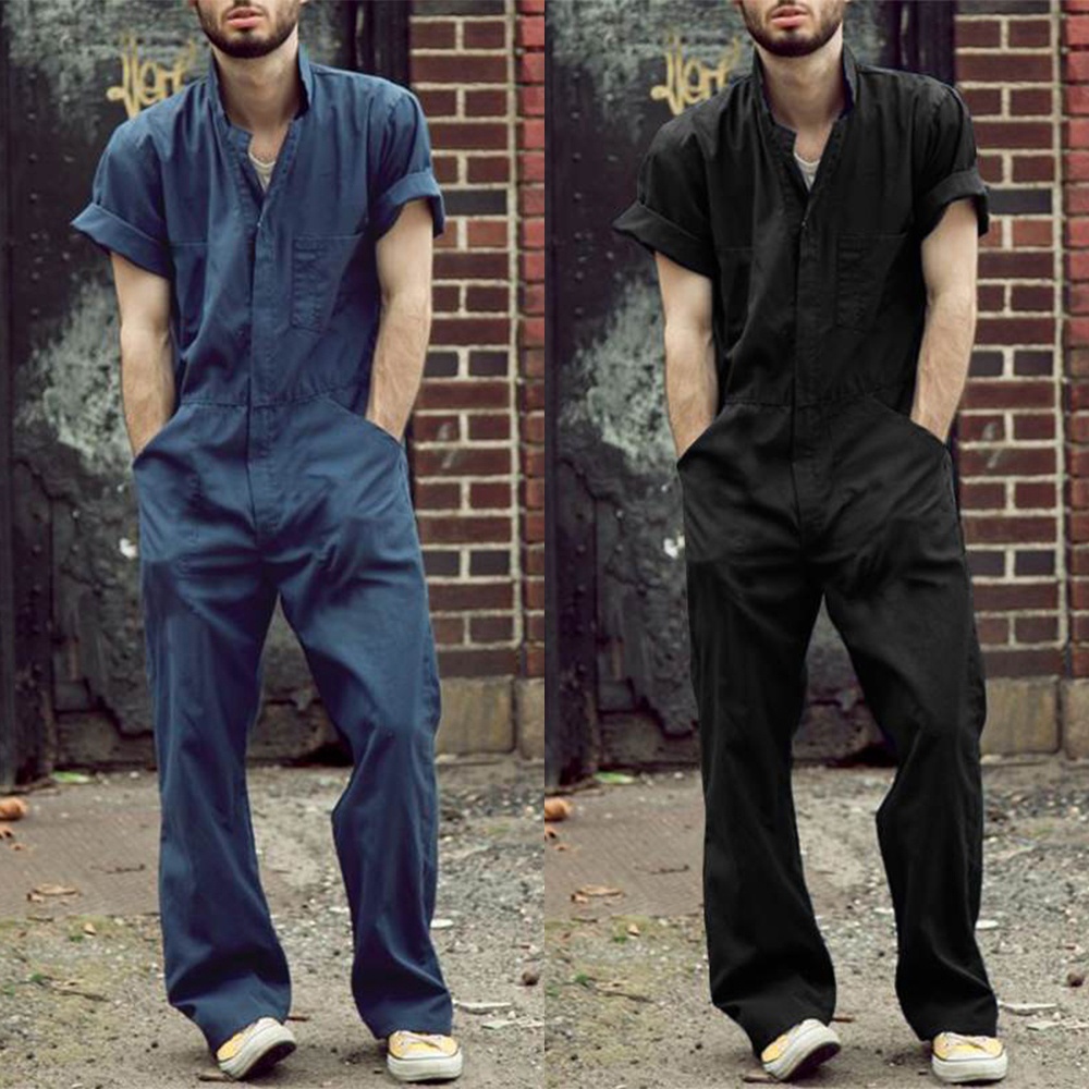 Men Short Sleeve Overalls Pants Casual Cotton Blends Fashion Jumpsuit