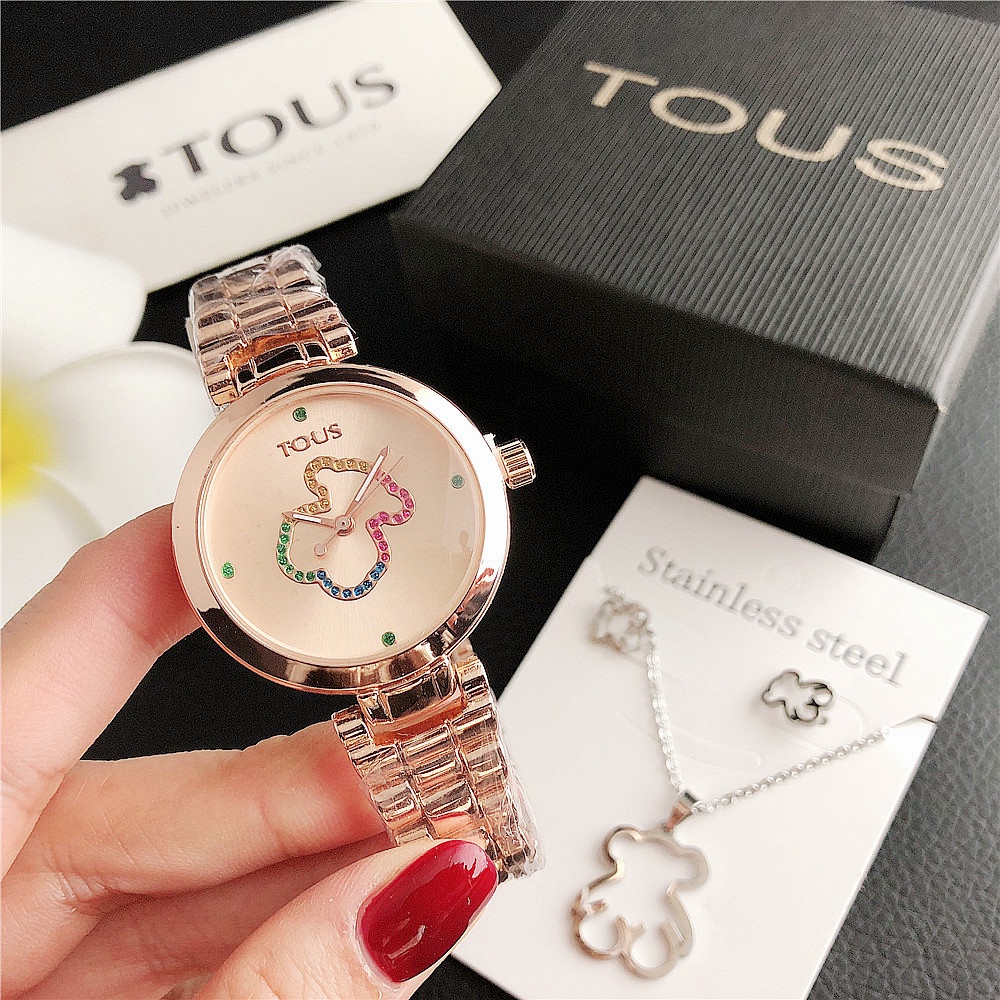 Tous 3 En 1 Juego De Reloj Lindo Oso De Acero Inoxidable Mujeres Casual  Collar Y Pendiente Gratis Wanita Jam Tangan