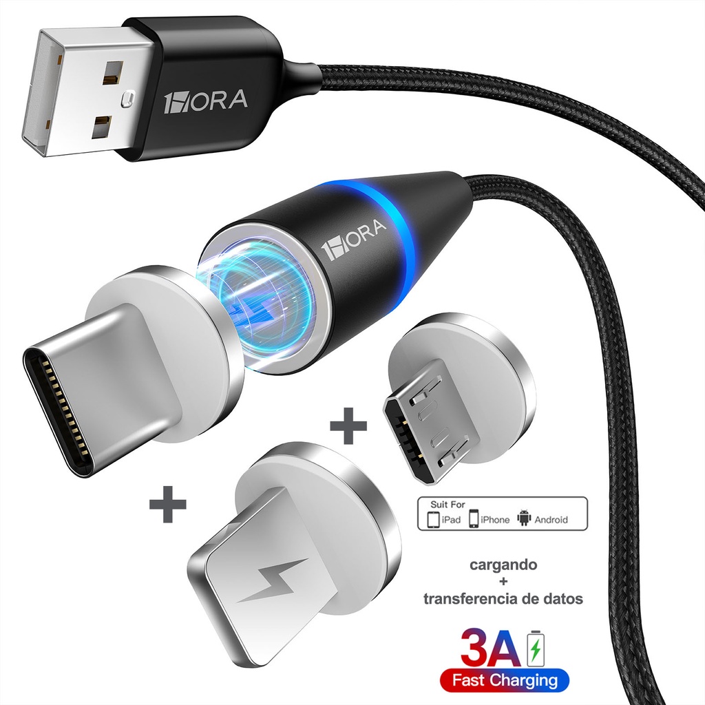1Hora 3A Cable Magnético 3 En 1 LED Carga Rápida USB 3.0 Iluminación