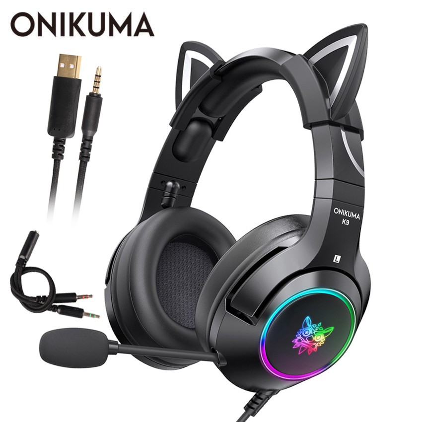 Auriculares con orejas de gato para Gamers, cascos con micrófono, HD,  reducción de ruido, haz de luz sobre la oreja para PC, ordenador y portátil