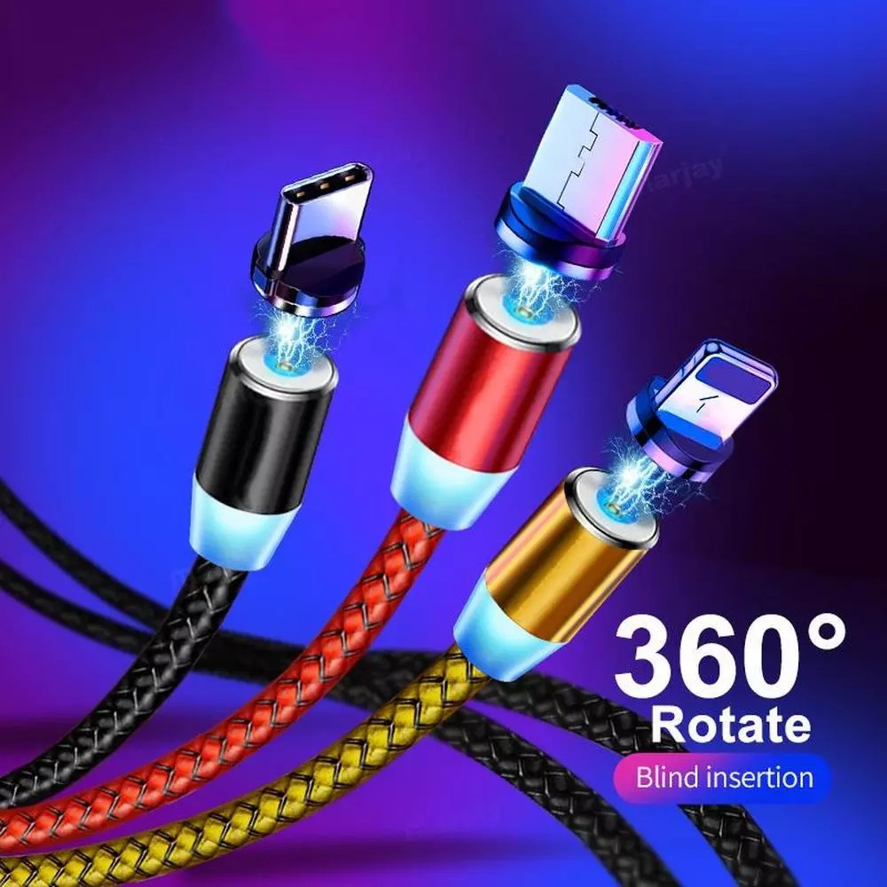 Cable de carga magnético, 3 en 1 magnético 360 cable de carga giratorio,  cargador magnético trenzado de nailon, para dispositivos micro USB, tipo C  e