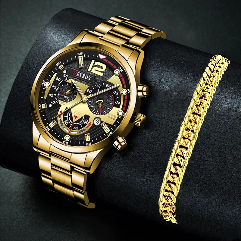 Relojes De Lujo Para Hombre Reloj De Oro Cuarzo Calendario Para Hombres De Negocios Luminoso Pulsera