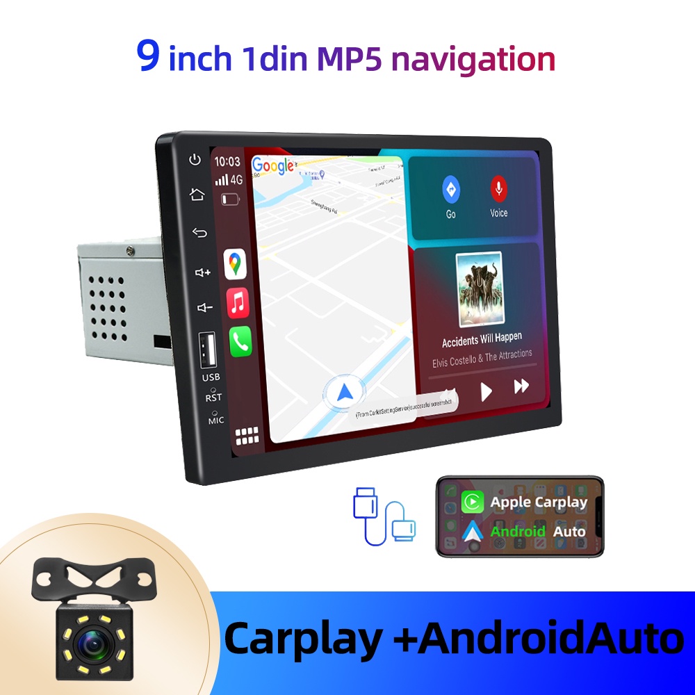 1Din 9 pulgadas HD Pantalla táctil Bluetooth extraíble Radio de coche  Reproductor MP5 de coche Bluetooth FM Receptor de radio USB Compatible con  función D-Play para Android e Iphone y cámara de