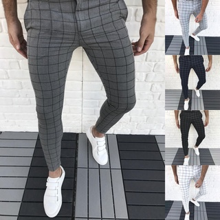 Pantalones Moda Hombres Casual Slim Fit Estampado A Cuadros