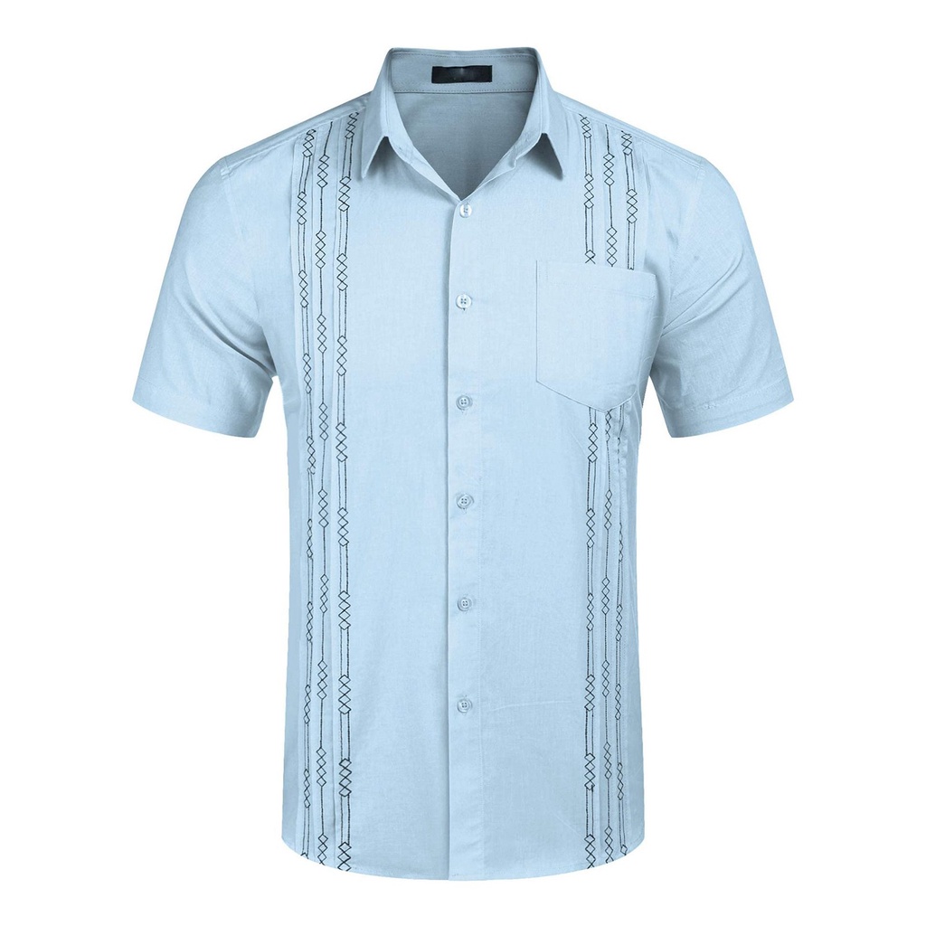 Camisa De Lino De Manga Corta Para Hombre Cubana De Playa Camisas De Bolsillo Guayabera Shopee Mexico