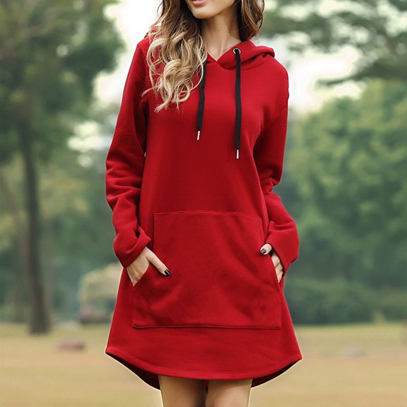 Nuevo otono sudaderas largas de las mujeres vestidos Casual bolsillo de manga larga sudaderas con capucha suelta de gran tamano jersey sudadera con