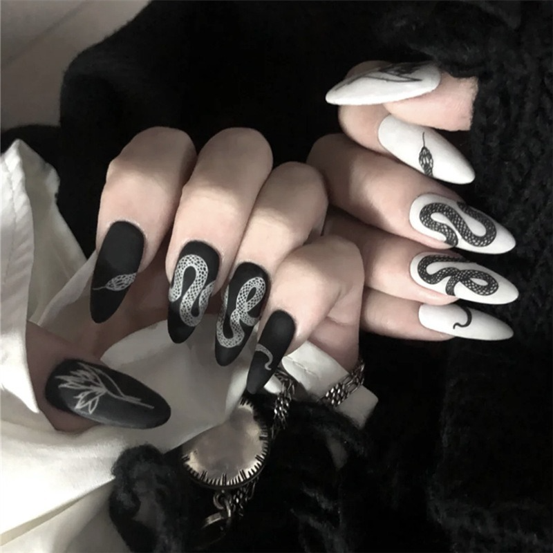 Roselife 24PCs [con pegamento] negro blanco serpiente gótica uñas postizas  manicura DIY herramienta | Shopee México