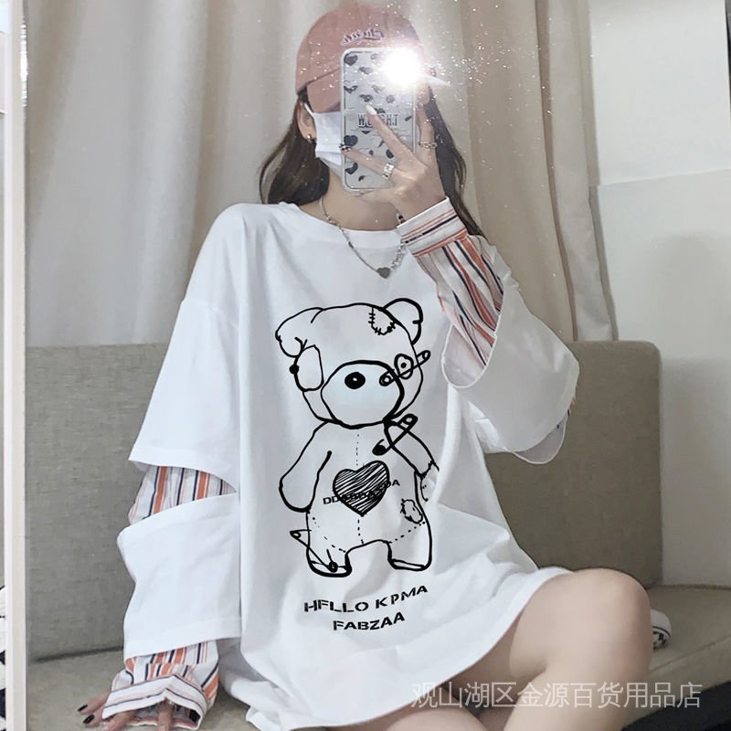 Oso T Shirt Mujer Diseno Femenino Falso De Dos Piezas De Rayas Costura Primavera Otono Version Coreana 2022