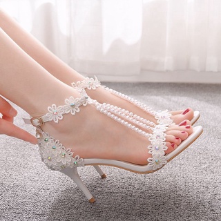 Zapatos de novia para mujer, zapatos de boda de tacón alto puntiagudo,  sandalias de perlas de encaje, tacón de aguja grande, zapatos de vestir con