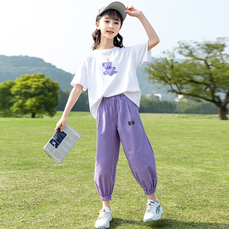 2-12 años ropa de los niños coreanos grandes niños de la moda del sol de  verano de algodón de manga corta niñas oso camiseta celosía pantalones bebé  niña conjunto de dos piezas