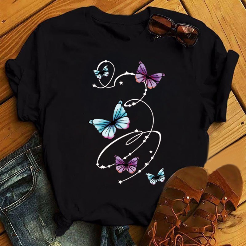 Camiseta Con Estampado De Arbol De Mariposa Para Mujer Ropa De Verano De Manga Corta Negra Blanca S 3XL