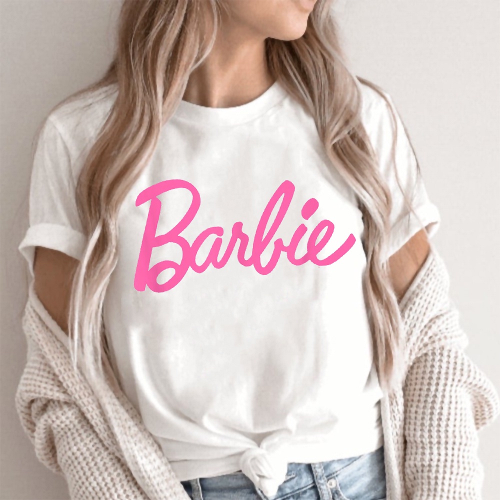 Rosa Barbie Logo Camiseta De Las Mujeres Encantadora Top Verano