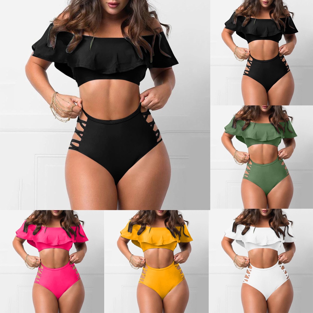 Traje De Bano Para Mujer Con Volantes De Hombro Fuera Sexy Apretado Color Solido Split Trajes Ropa De Playa Bikini Conjunto