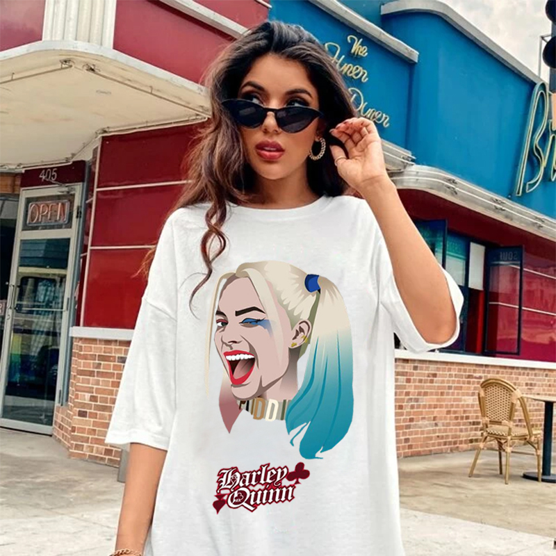 Camiseta 2021 DC Comics Harley Quinn payaso ni a Anime impresi n de dibujos animados de manga corta Casual calle T shirt Harajuku suelto manga corta