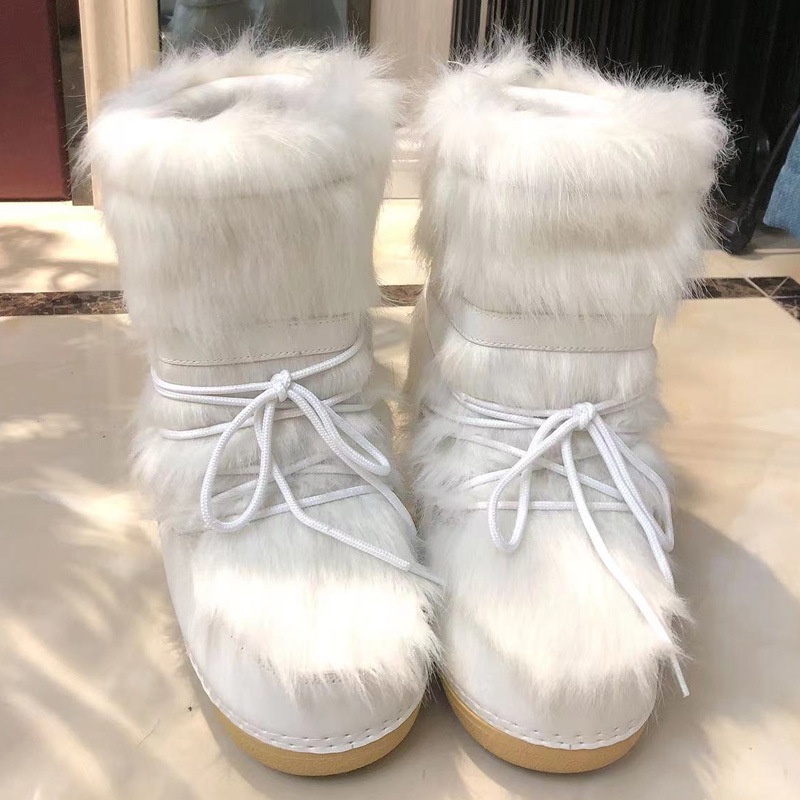 Zhouyou 2022 Botas De Nieve De Invierno Esqu De Las Mujeres Peludas De Encaje Medio Plataforma Plana Con Blancas