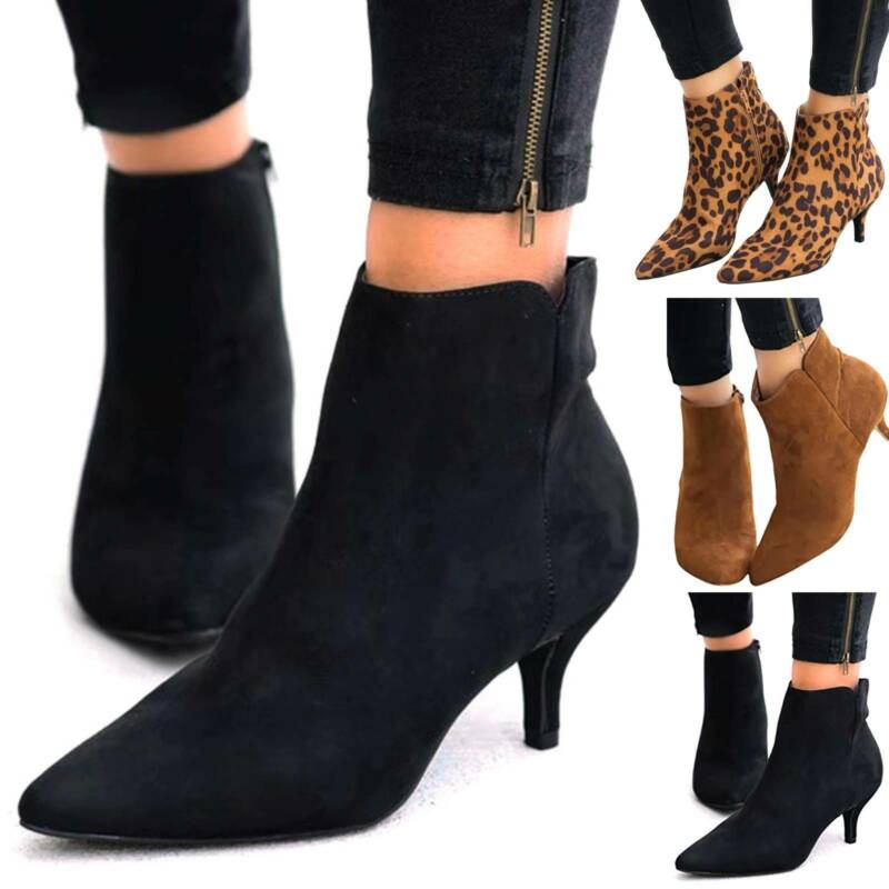 Botas De Tobillo Para Mujer Botines De Cuero Puntiagudo Fiesta C modo Bajo Mediados Gatito Tacones Zapatos