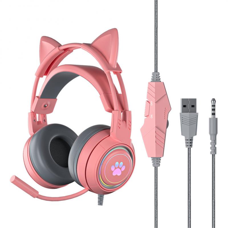 Auriculares de oreja de gato con micrófono con cancelación de ruido y  sonido envolvente, auriculares para juegos con orejas de gato extraíbles,  luces
